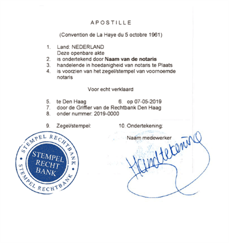 Voorbeeld apostille van een Nederlandse rechtbank