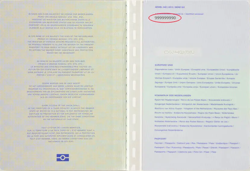 Afbeelding van een paspoort na 2014. Op de achterkant van de houderpagina staat bovenaan uw BSN (rood omcirkeld op de afbeelding).