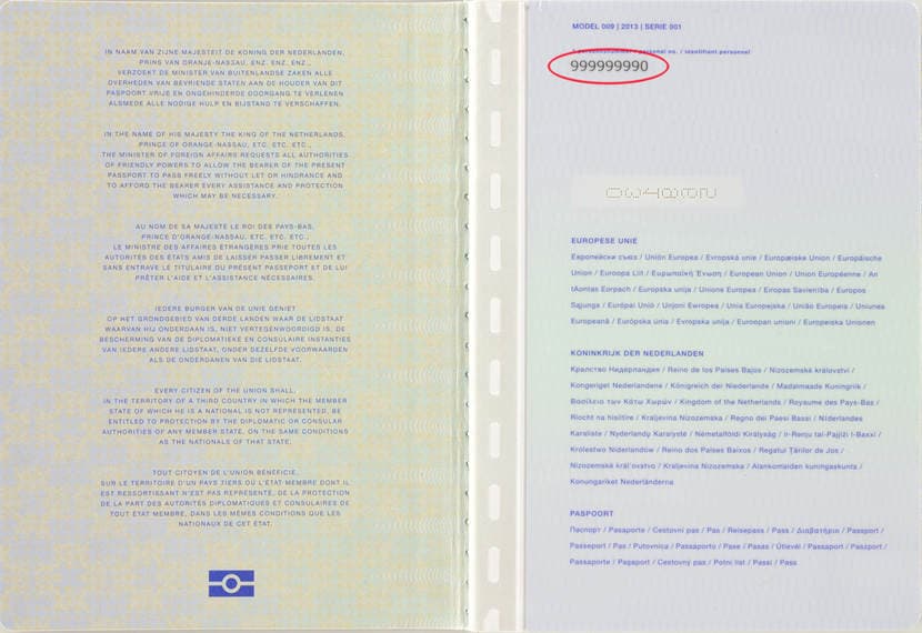 Afbeelding van een paspoort na 2014. Op de achterkant van de houderpagina staat bovenaan uw BSN (rood omcirkeld op de afbeelding).