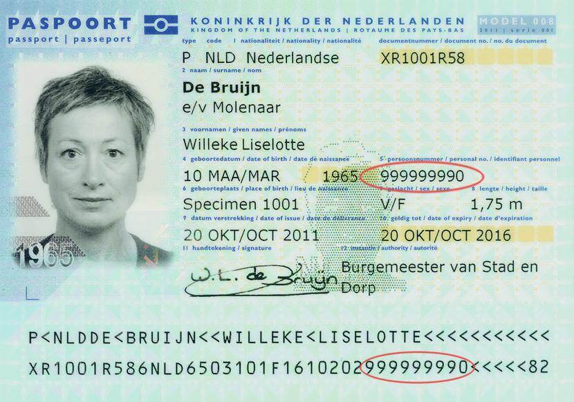 Afbeelding van een paspoort vóór 2014. Op de voorkant van de houderpagina staat linksonder uw BSN (rood omcirkeld op de afbeelding), naast uw geboortedatum.