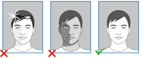 Van links naar rechts: 1. reflectie (witte vlekken), 2. schaduw in gezicht, 3. goede pasfoto