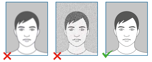 Van links naar rechts: 1. onscherpe foto, 2. foto met te weinig contrast, 3. goede pasfoto
