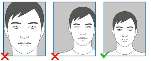 Van links naar rechts: 1. hoofd niet volledig in beeld, 2. hoofd niet in het midden, 3. goede pasfoto