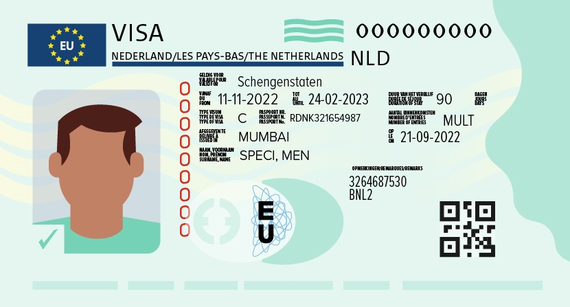 Voorbeeld van een visumsticker voor Nederland.